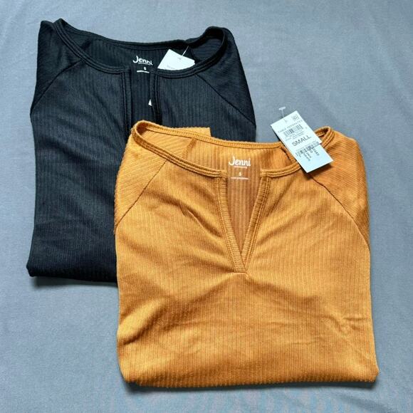Jenni Intimates Pajama Tops Womens Small Brown Black Set of 2 Split Neck Lounge - Picture 1 of 6